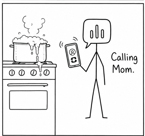 Der Bote hält das Telefon, daneben kleine Anrufzeichen. Text: „Verbinde mit Mama.“